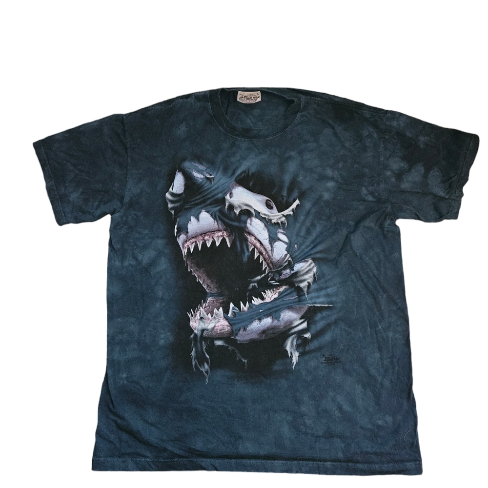 Vintage Y2K Great White Jaws Shark The Mountain Dark Teal L Shirt Fish Tie Dye
